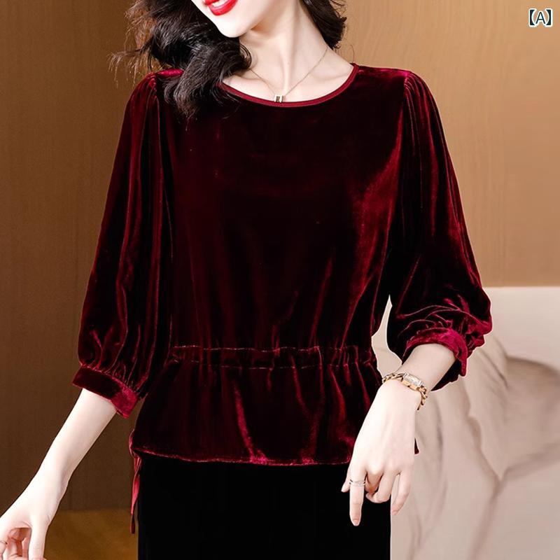 秋服 レディース ファッション オシャレ カワイイ シンプル 大人カワイイ 大きいサイズ ゴールド ベルベット T シャツ 春秋冬 ウエスタン 七分袖 トップス