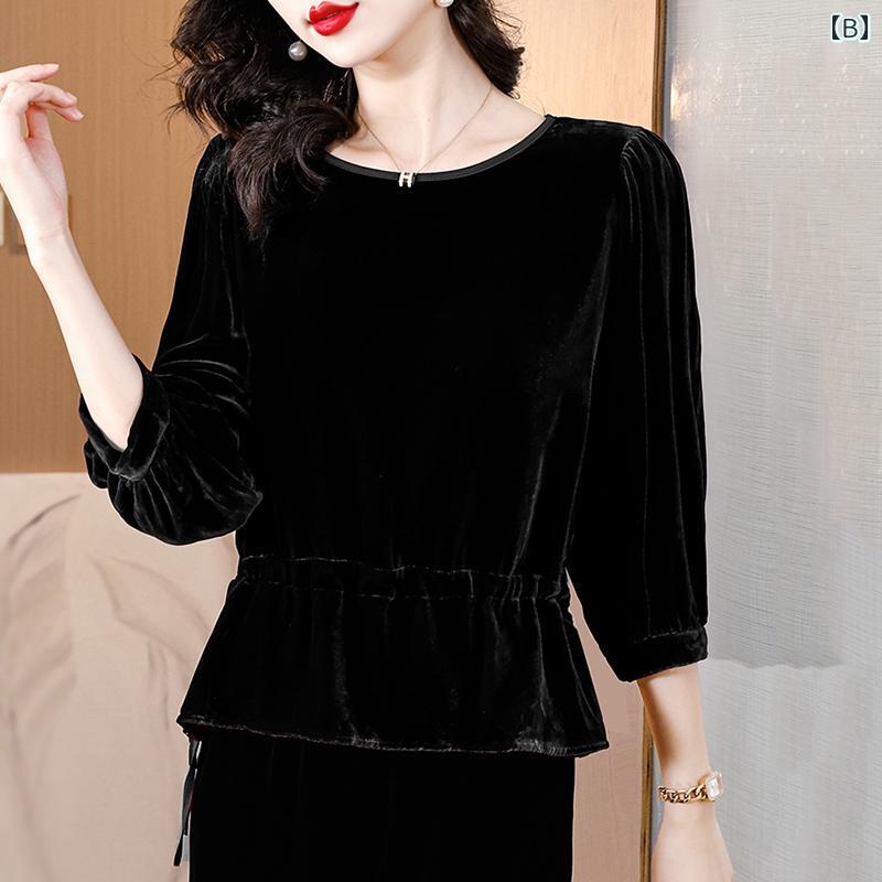 秋服 レディース ファッション オシャレ カワイイ シンプル 大人カワイイ 大きいサイズ ゴールド ベルベット T シャツ 春秋冬 ウエスタン 七分袖 トップス