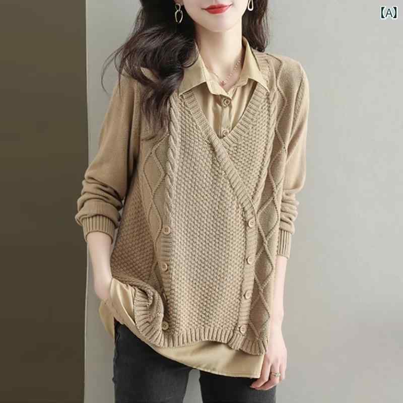 秋服 レディース ファッション オシャレ カワイイ シンプル 大人カワイイ 大きいサイズ ニット シャツ 春秋冬 フェイク ツーピース インナー セーター トップス