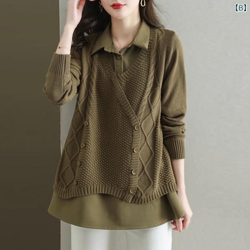 秋服 レディース ファッション オシャレ カワイイ シンプル 大人カワイイ 大きいサイズ ニット シャツ 春秋冬 フェイク ツーピース インナー セーター トップス