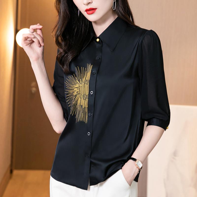 Short Sleeves - 秋服 レディース ファッション オシャレ カワイイ シンプル 大人カワイイ 大きいサイズ 黒 シフォン シャツ 秋 トップス シャツ 半袖