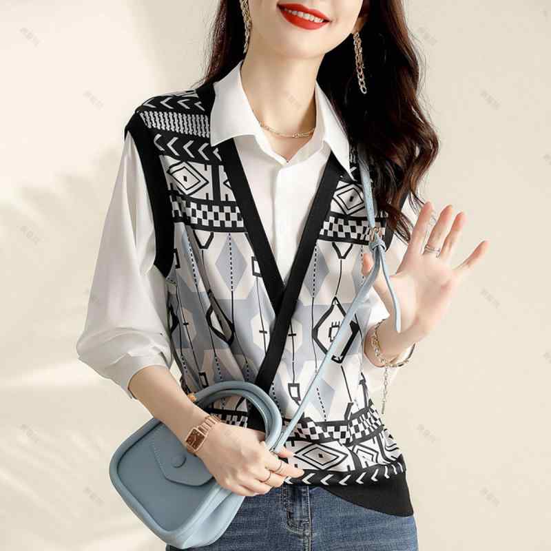 秋服 レディース ファッション オシャレ カワイイ シンプル 大人カワイイ 大きいサイズ フェイク ツーピース ニット ベスト シャツ トップス 長袖