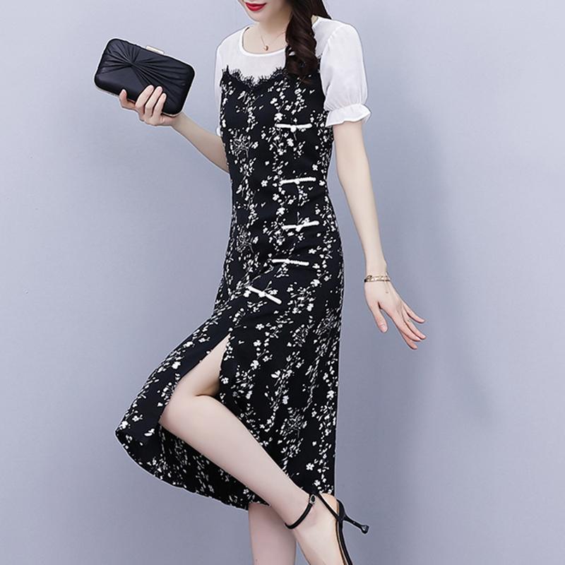 秋服 レディース ファッション オシャレ カワイイ シンプル 大人カワイイ 大きいサイズ 花柄 シフォン ドレス 春秋秋 スリム ミモレ丈 スカート