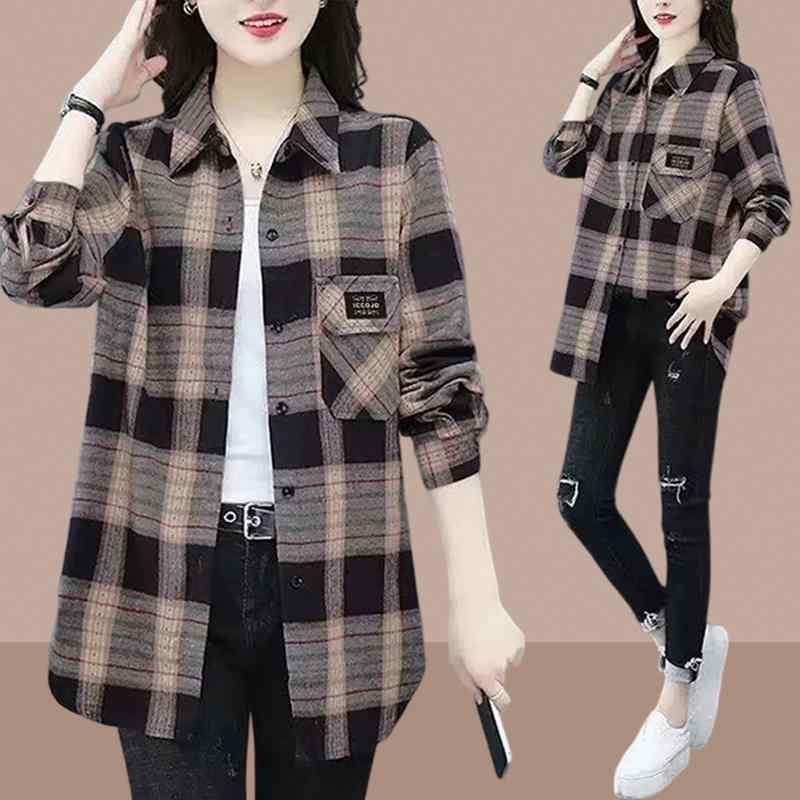 秋服 レディース ファッション オシャレ カワイイ シンプル 大人カワイイ 大きいサイズ 長袖 シャツ ジャケット 春秋 チェック柄 ミドル丈 トップス