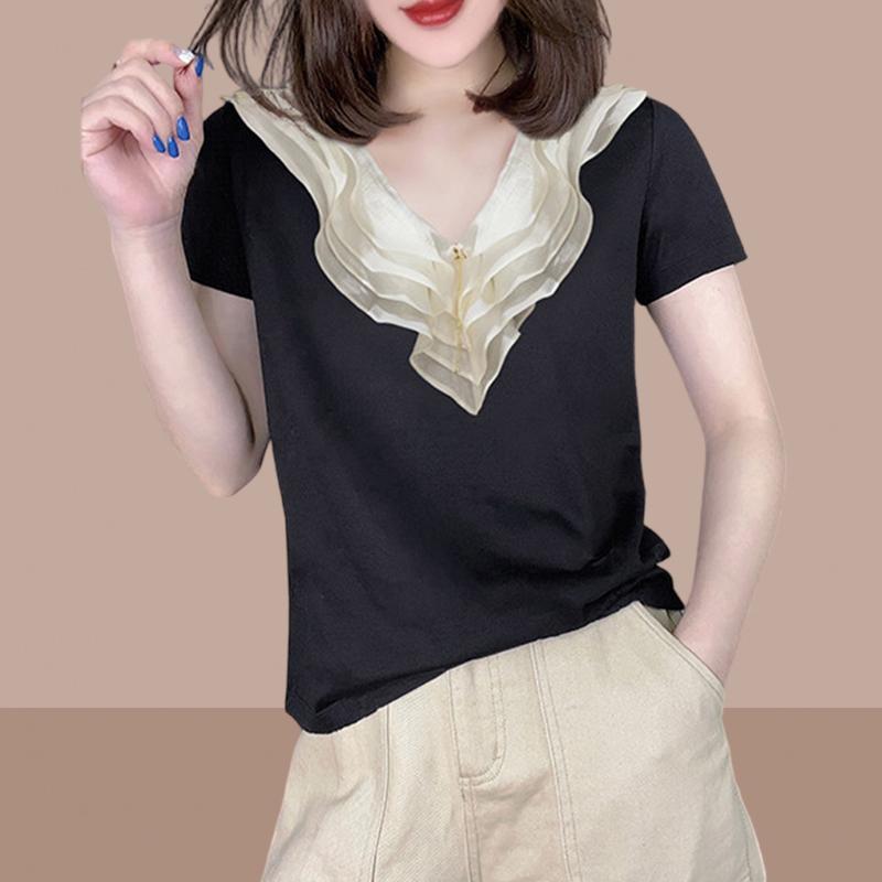 Other - 秋服 レディース ファッション オシャレ カワイイ シンプル 大人カワイイ 大きいサイズ 綿 半袖 T シャツ Vネック スリムフィット スタイリッシュ トップス