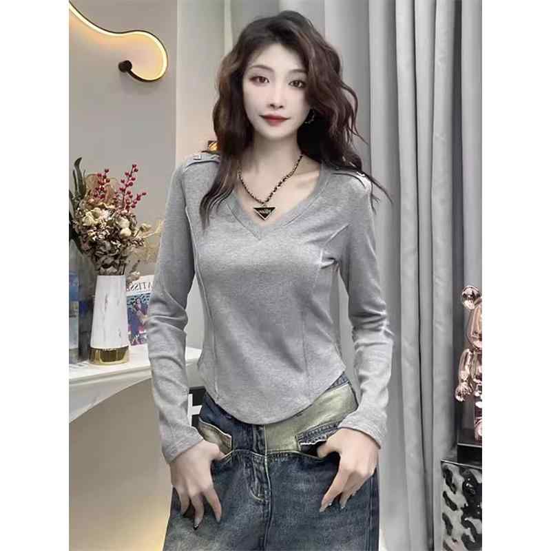 秋服 レディース ファッション オシャレ カワイイ シンプル 大人カワイイ 大きいサイズ シャツ 長袖 T 春秋 スリムフィット Vネック フィッシュボーン トップス