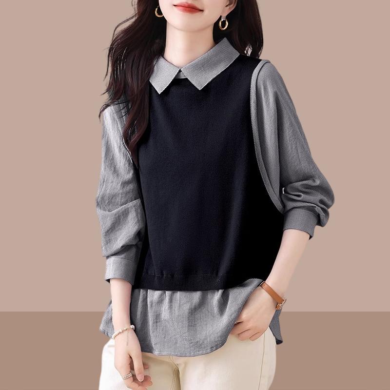 Rakuten - 秋服 レディース ファッション オシャレ カワイイ シンプル 大人カワイイ 大きいサイズ フェイク ツーピース トップス シック ハイエンド 長袖 スウェット シャツ