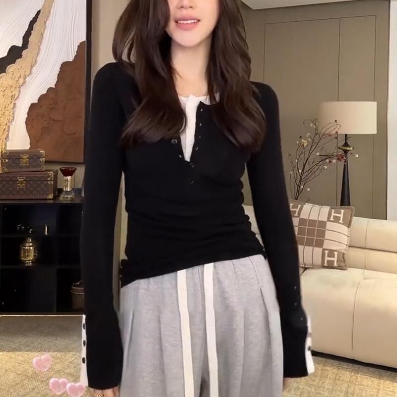 秋服 レディース ファッション オシャレ カワイイ シンプル 大人カワイイ 大きいサイズ フェイク ツーピース セーター 秋 韓国スタイル スリムフィット トップス