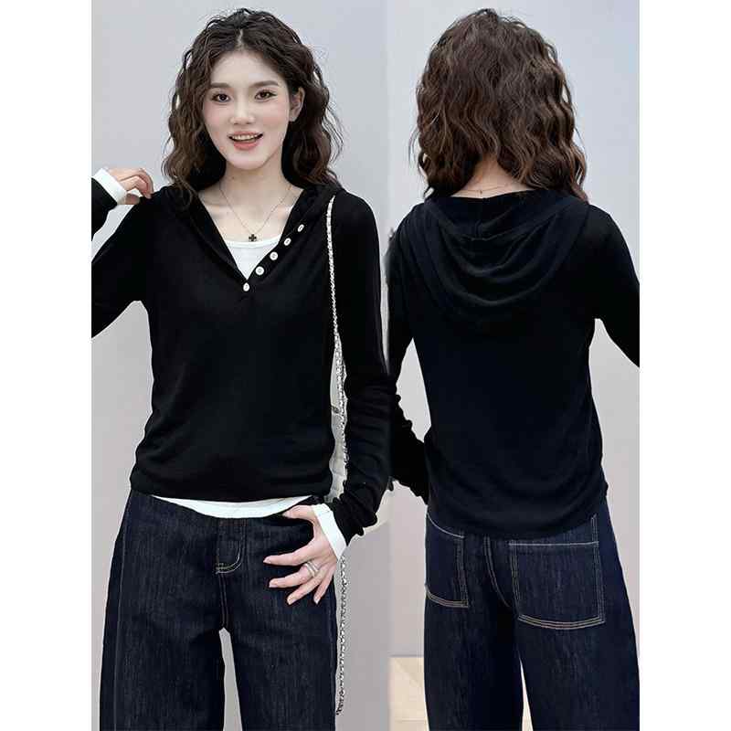 秋服 レディース ファッション オシャレ カワイイ シンプル 大人カワイイ 大きいサイズ フェイク ツーピース フード付き 長袖 T シャツ 秋 インナー シャツ トップス