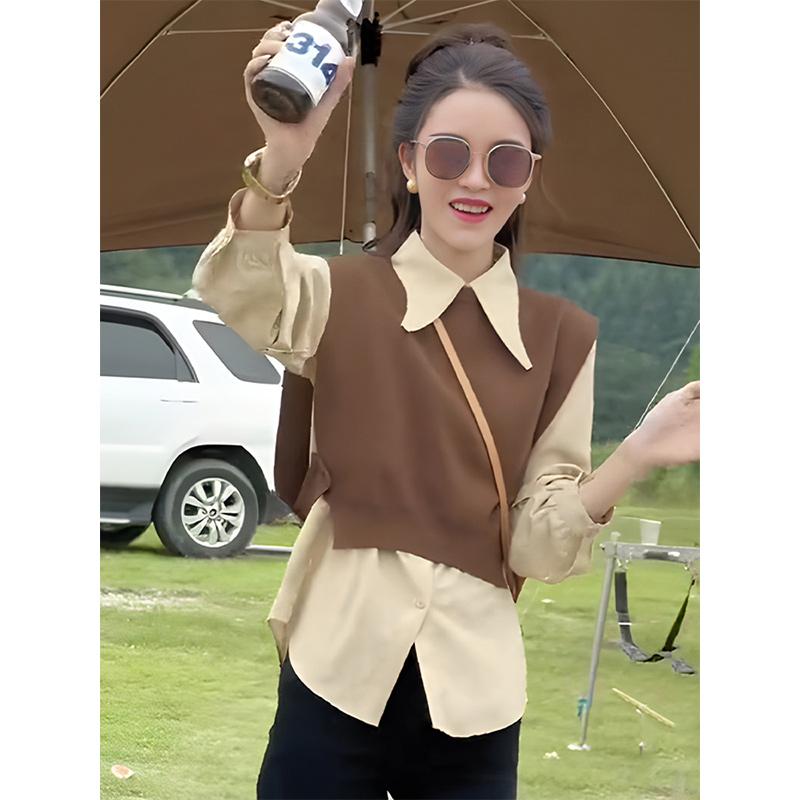 秋服 レディース ファッション オシャレ カワイイ シンプル 大人カワイイ 大きいサイズ 秋 ポロ カラー ニット フェイク ツーピース シャツ 長袖 トップス