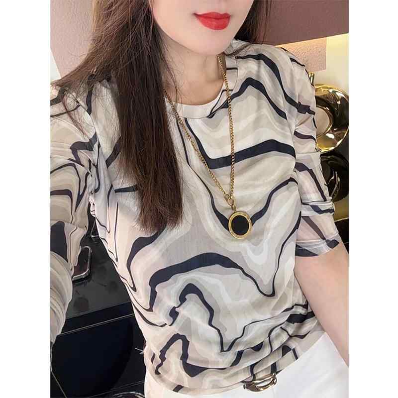 秋服 レディース ファッション オシャレ カワイイ シンプル 大人カワイイ 大きいサイズ 韓国スタイル 模様 メッシュ 長袖 T シャツ 春秋 スリム トップス(4)