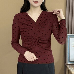 秋服 レディース ファッション オシャレ カワイイ シンプル 大人カワイイ 大きいサイズ 秋 Vネック メッシュ ポルカドット 長袖 トップス カジュアル