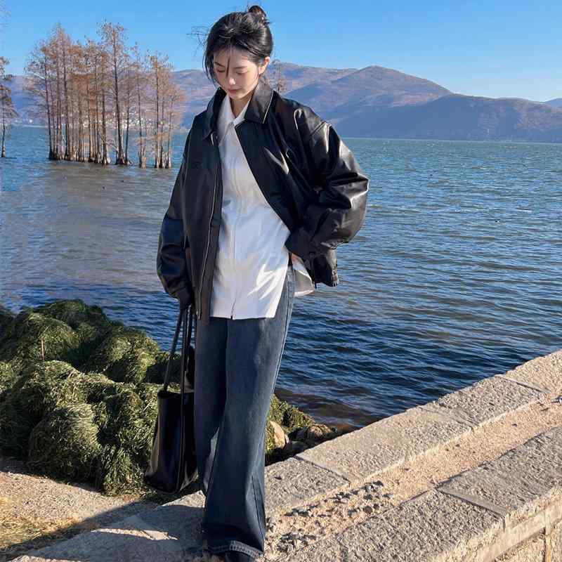 乐天商城 - 秋服 レディース ファッション オシャレ カワイイ シンプル 大人カワイイ 大きいサイズ レザー ジャケット 秋 ライダース ハイエンド トップス 黒 ジャケット