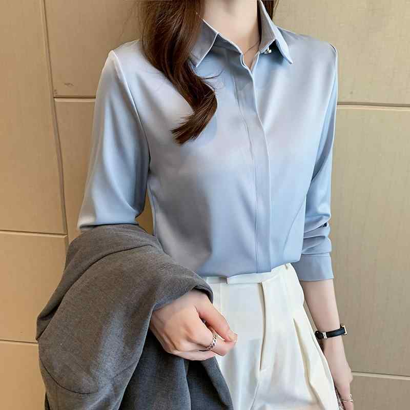 秋服 レディース ファッション オシャレ カワイイ シンプル 大人カワイイ 大きいサイズ ブルー シャツ 長袖 スリム ハイエンド サテン ..