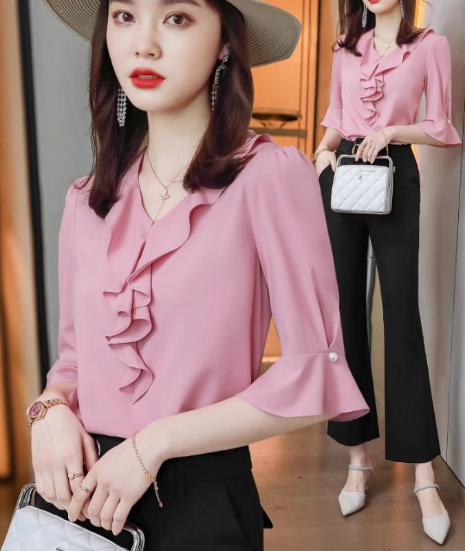 Other - 秋服 レディース ファッション オシャレ カワイイ シンプル 大人カワイイ 大きいサイズ ピンク シフォン シャツ 秋 ベルスリーブ Vネックプルオーバー スーツ スタイル 薄手