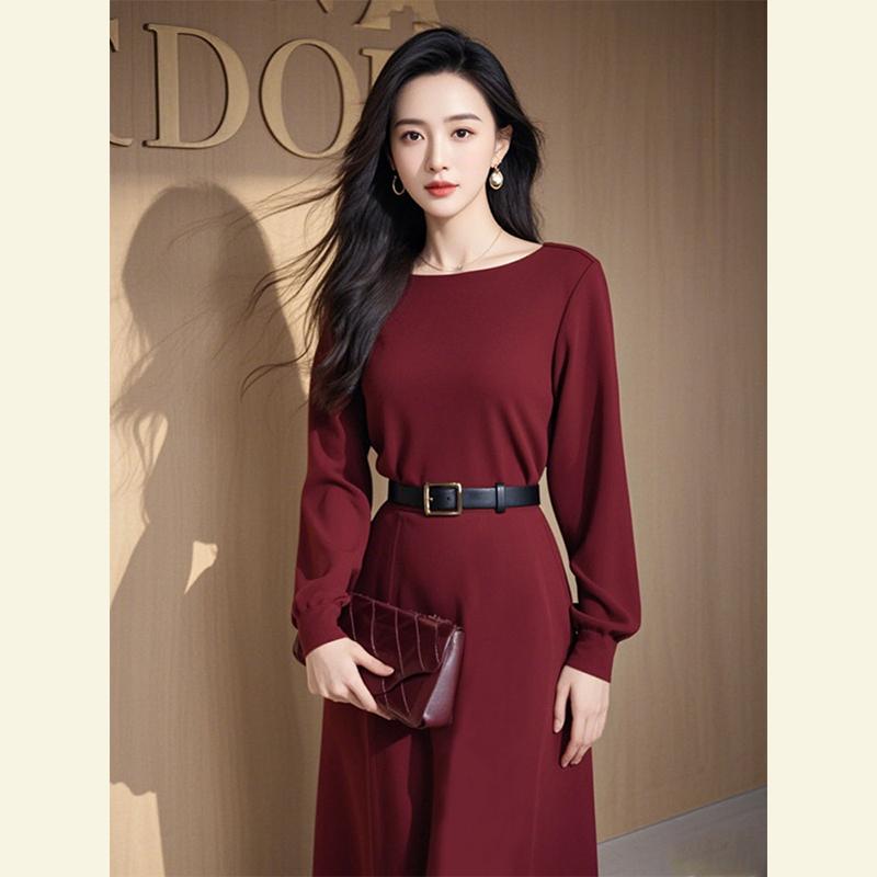 秋服 レディース ファッション オシャレ カワイイ シンプル 大人カワイイ 大きいサイズ 秋 フォーマルシーン ハイエンド レッド ドレス