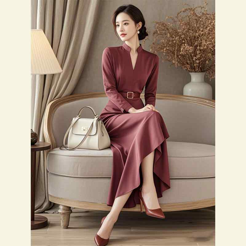 秋服 レディース ファッション オシャレ カワイイ シンプル 大人カワイイ 大きいサイズ 秋 フォーマル ハイエンド ウエスト ピンク ドレス