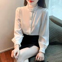 秋服 レディース ファッション オシャレ カワイイ シンプル 大人カワイイ 大きいサイズ 白 長袖 シャツ 秋 スタンドカラー トップス 通勤 ウェア シフォン シャツ インナーウェア