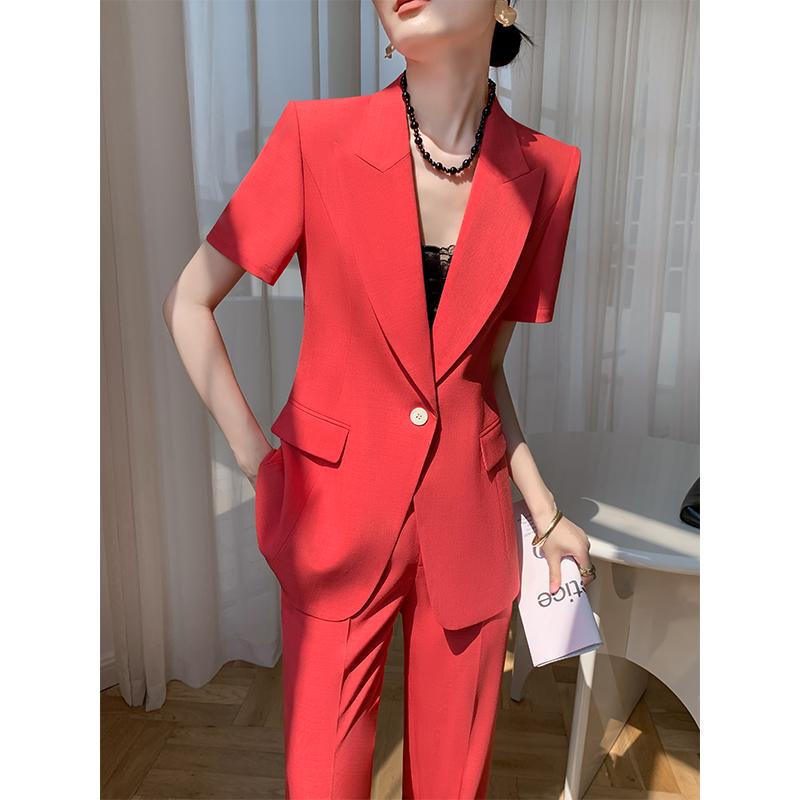 Other - 秋服 レディース ファッション オシャレ カワイイ シンプル 大人カワイイ 大きいサイズ カジュアル スーツ スタイル 秋 薄手 ハイエンド 赤 半袖