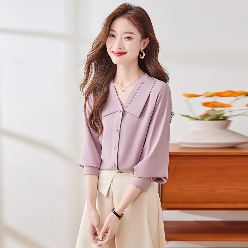 秋服 レディース ファッション オシャレ カワイイ シンプル 大人カワイイ 大きいサイズ 紫色 シャツ 長..