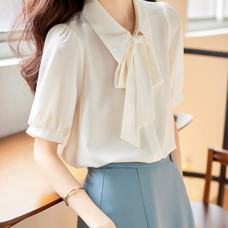 秋服 レディース ファッション オシャレ カワイイ シンプル 大人カワイイ 大きいサイズ 白 シャツ インナー 秋 半袖 フレンチ トップス ストリーマー シフォン