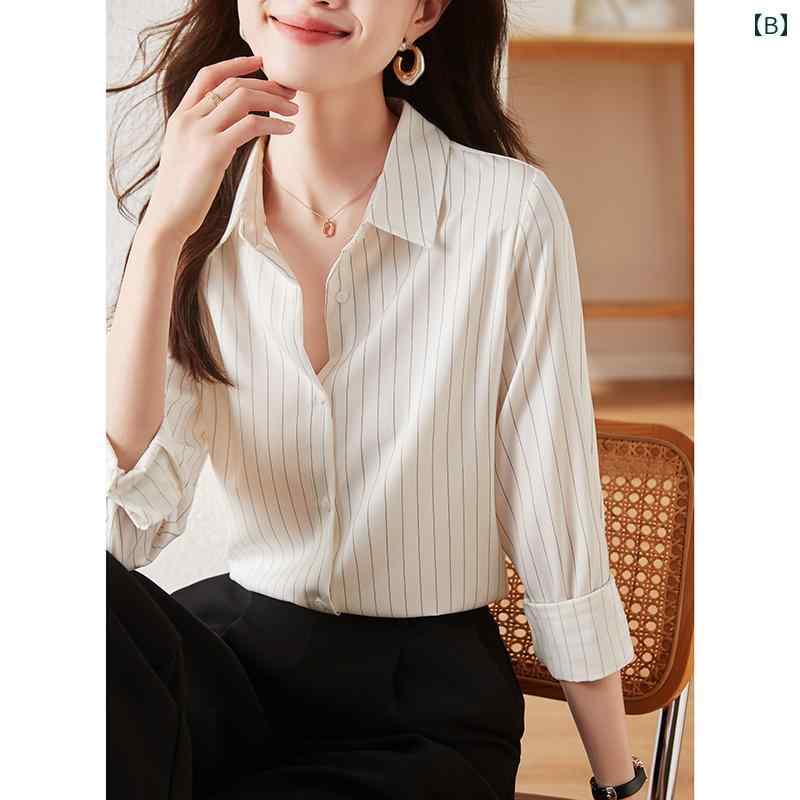 秋服 レディース ファッション オシャレ カワイイ シンプル 大人カワイイ 大きいサイズ ストライプ シャツ 秋 通勤 ウェア シャツ スタイリッシュ 長袖 OL トップス