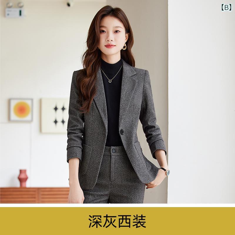 グレー エコ レザー 秋 ハイエンド 通勤 ウェア スーツ スタイル スリム