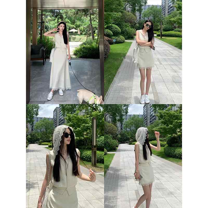 秋服 レディース ファッション オシャレ カワイイ シンプル 大人カワイイ 大きいサイズ レース ベスト スカート スーツ スタイル 秋 スタイル