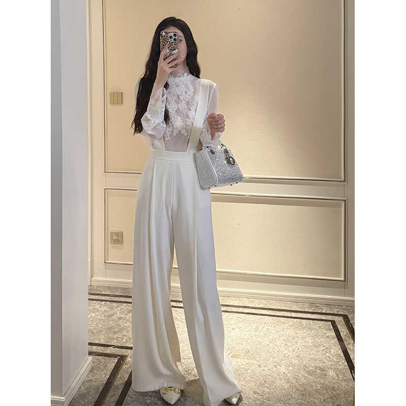 乐天商城 - 秋服 レディース ファッション オシャレ カワイイ シンプル 大人カワイイ 大きいサイズ ホワイト ハイウエスト ストレート サスペンダー ワイド パンツ フェミニン カジュアル 秋 スタイル