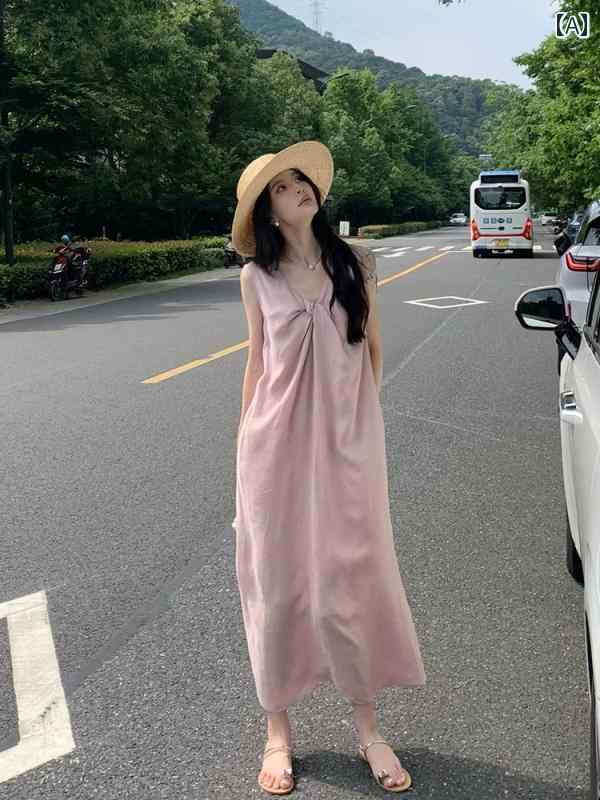 秋服 レディース ファッション オシャレ カワイイ シンプル 大人カワイイ 大きいサイズ カルダモン 秋 ロング スカート ピンク ハイエンド ノースリーブ Vネック ドレス