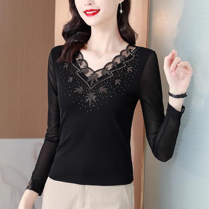 秋服 レディース ファッション オシャレ カワイイ シンプル 大人カワイイ 大きいサイズ 秋 黒 メッシュ レース レイヤリング シャツ ファッション 長袖 T スタイル インナー トップス