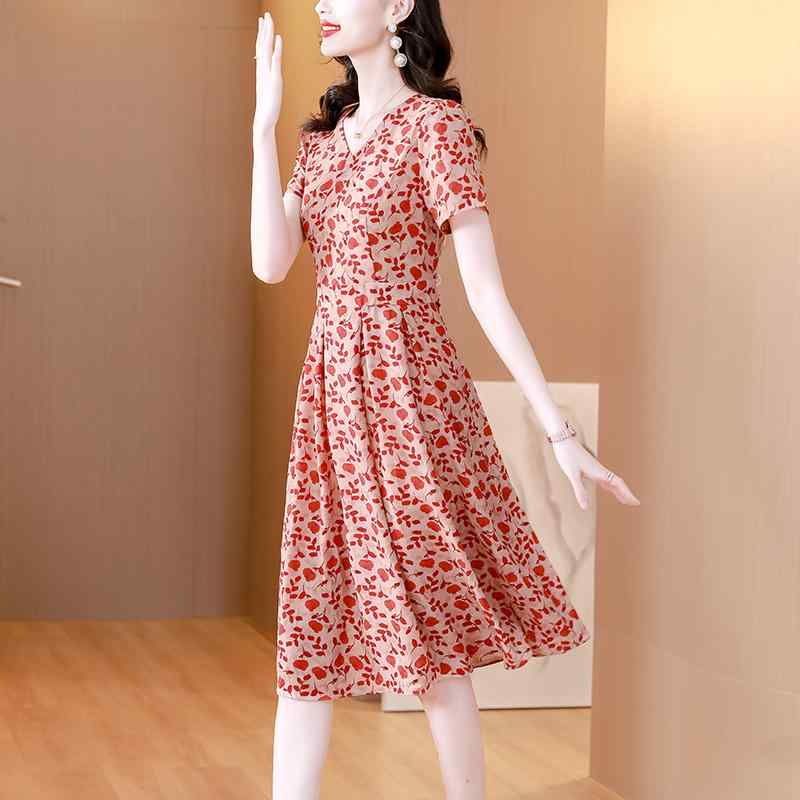 乐天商城 - 秋服 レディース ファッション オシャレ カワイイ シンプル 大人カワイイ 大きいサイズ 花柄 Vネック 半袖 ドレス 秋 スタイル スリム スカート