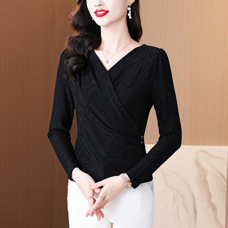 乐天商城 - 秋服 レディース ファッション オシャレ カワイイ シンプル 大人カワイイ 大きいサイズ 黒 Vネック 長袖 シャツ 秋 トップス