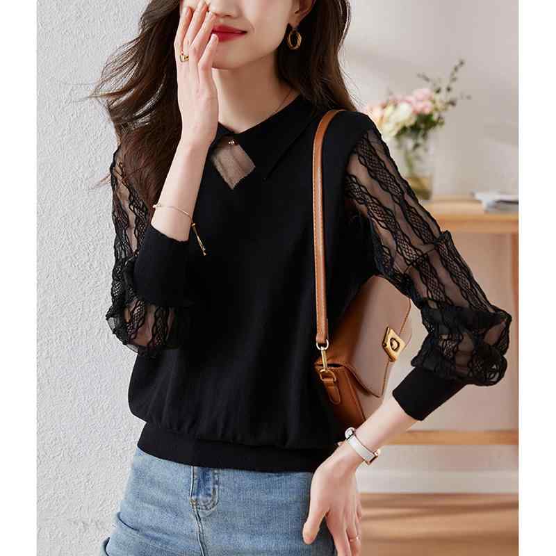 秋服 レディース ファッション オシャレ カワイイ シンプル 大人カワイイ 大きいサイズ 秋 黒 メッシュ レース レイヤリング シャツ ファッション 長袖 インナー トップス