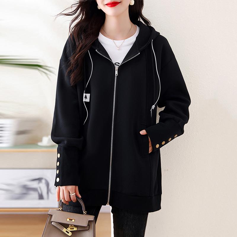 秋服 レディース ファッション オシャレ カワイイ シンプル 大人カワイイ 大きいサイズ ミドル丈 フード付き ジッパー カーディガン スウェット シャツ ジャケット カジュアル スリム トップス