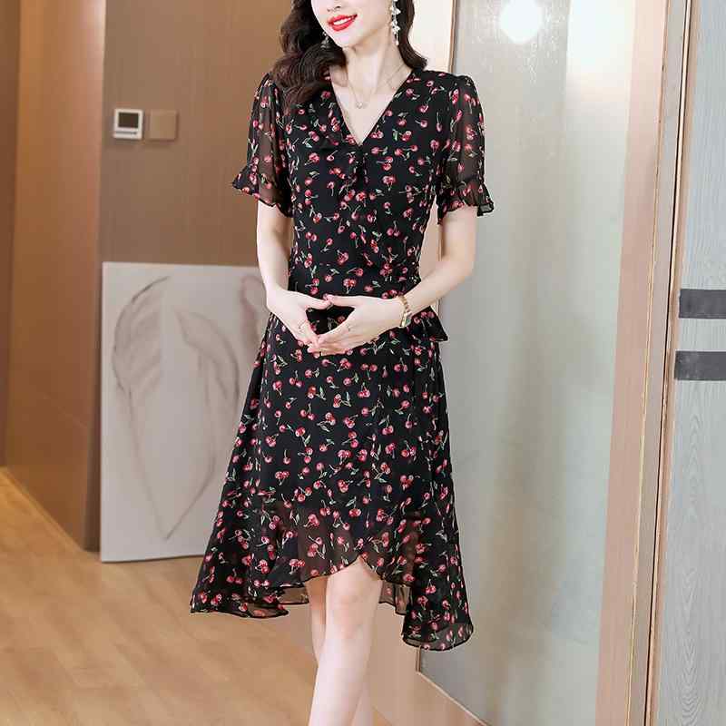 秋服 レディース ファッション オシャレ カワイイ シンプル 大人カワイイ 大きいサイズ 秋 Vネック シフォン 花柄 ドレススタイル ウエスト スリム スリット スカート