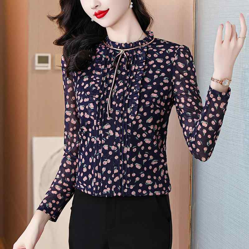 秋服 レディース ファッション オシャレ カワイイ シンプル 大人カワイイ 大きいサイズ スタンドカラー 蝶 ネクタイ リボン 花柄 シフォン シャツ 春秋 長袖 トップス シャツ