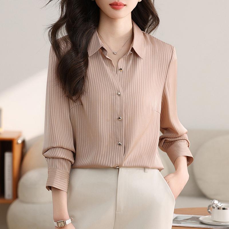Rakuten - 秋服 レディース ファッション オシャレ カワイイ シンプル 大人カワイイ 大きいサイズ ハイエンド ストライプ 長袖 シャツ トップス スリムフィット 秋