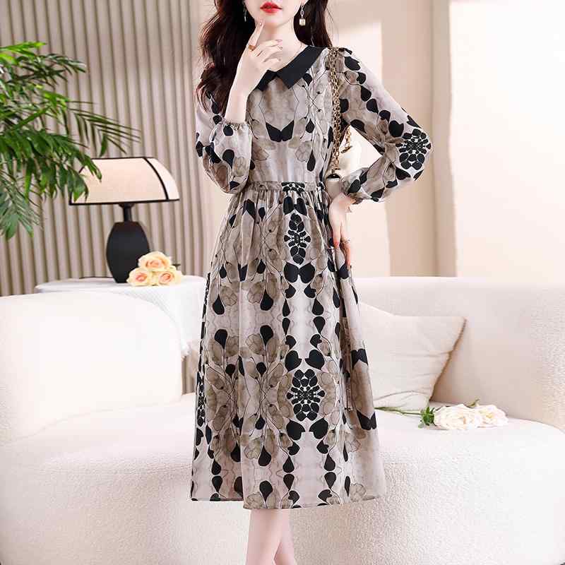 秋服 レディース ファッション オシャレ カワイイ シンプル 大人カワイイ 大きいサイズ レトロ ウエスト Vネック 長袖 ドレス 秋 レースアップ 花柄 スカート