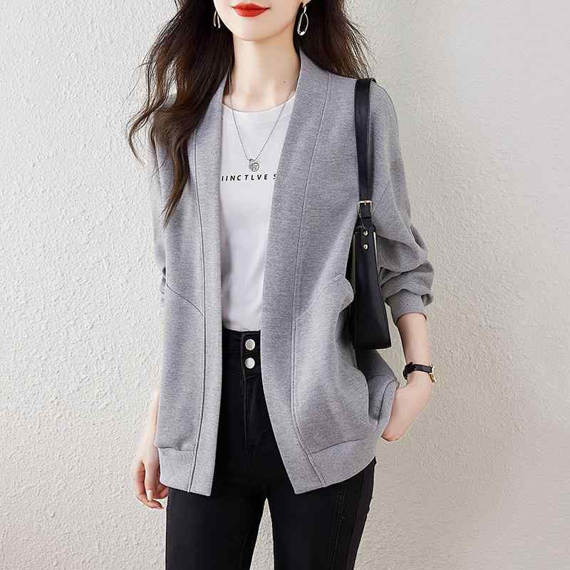 Rakuten - 秋服 レディース ファッション オシャレ カワイイ シンプル 大人カワイイ 大きいサイズ グレー Vネックカーディガン スウェット シャツ ジャケット 秋 スリム カジュアル アウター トップス