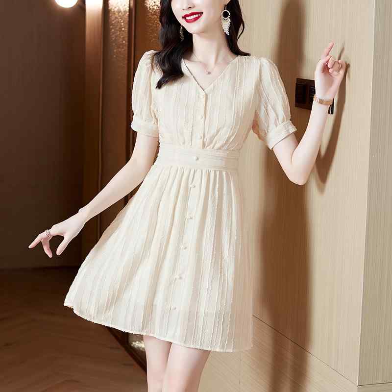 秋服 レディース ファッション オシャレ カワイイ シンプル 大人カワイイ 大きいサイズ フレンチ ジャカード 半袖 シフォン ドレス 秋 Aライン スカート サマー