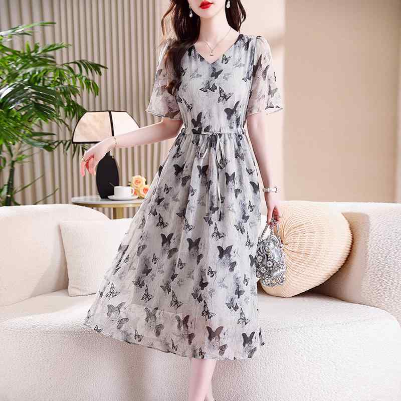 秋服 レディース ファッション オシャレ カワイイ シンプル 大人カワイイ 大きいサイズ シフォン 花柄 Vネック 半袖 ドレス 秋 スタイル ウエスト スリム Aライン スカート