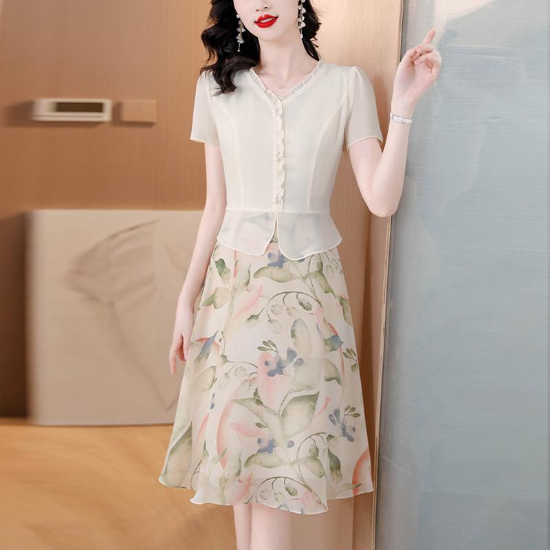 乐天商城 - 秋服 レディース ファッション オシャレ カワイイ シンプル 大人カワイイ 大きいサイズ サマー ドレス Vネック 半袖 シフォン 秋 ウエスト スリム ミドル丈 スカート