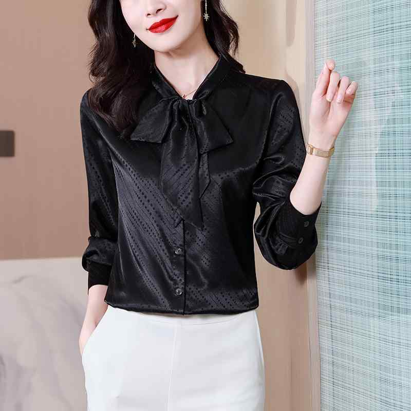 秋服 レディース ファッション オシャレ カワイイ シンプル 大人カワイイ 大きいサイズ フレンチ ドット リボン 長袖 シャツ スリムフィット ハイエンド 秋服 トップス