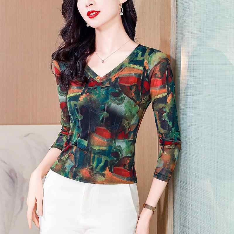 乐天商城 - 秋服 レディース ファッション オシャレ カワイイ シンプル 大人カワイイ 大きいサイズ 薄手 Vネック メッシュ 長袖 T シャツ ニュー 秋 花柄 レイヤリング スリムフィット トップス