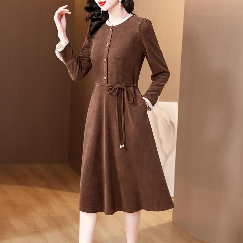 秋服 レディース ファッション オシャレ カワイイ シンプル 大人カワイイ 大きいサイズ 韓国ファッション ラウンドネック 長袖 ドレス ファッション スリム ミドル丈 スカート 秋 ウエスト