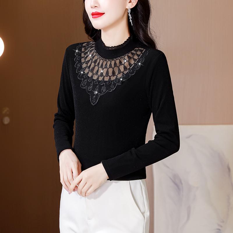 秋服 レディース ファッション オシャレ カワイイ シンプル 大人カワイイ 大きいサイズ レトロ メッシュ 長袖 T シャツ ファッション 黒 秋 スタイル トップス