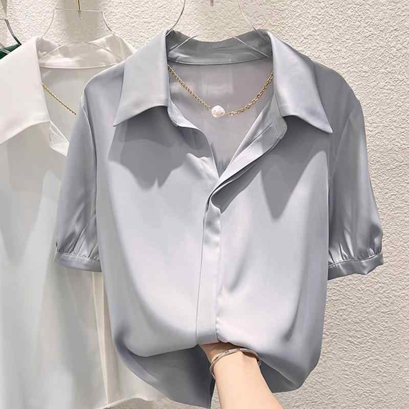 Short Sleeves - 秋服 レディース ファッション オシャレ カワイイ シンプル 大人カワイイ 大きいサイズ ハイエンド アセテート サテン 半袖 シャツ 白 シフォン トップス