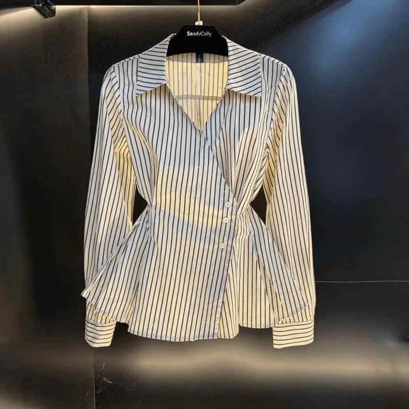 秋服 レディース ファッション オシャレ カワイイ シンプル 大人カワイイ 大きいサイズ ウエスト スリム シャツ 秋 ストライプ トップス