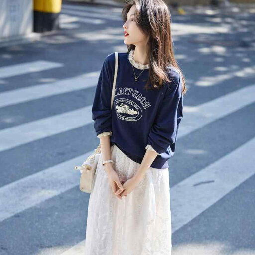秋服 レディース ファッション オシャレ カワイイ シンプル 大人カワイイ 大きいサイズ ラウンドネック レース トップス レター プリント スウェット シャツ 秋服 レディース ファッション オシャレ カワイイ シンプル 大人カワイイ 大きいサイズ ラウンドネック レース トップス レター プリント スウェット シャツ